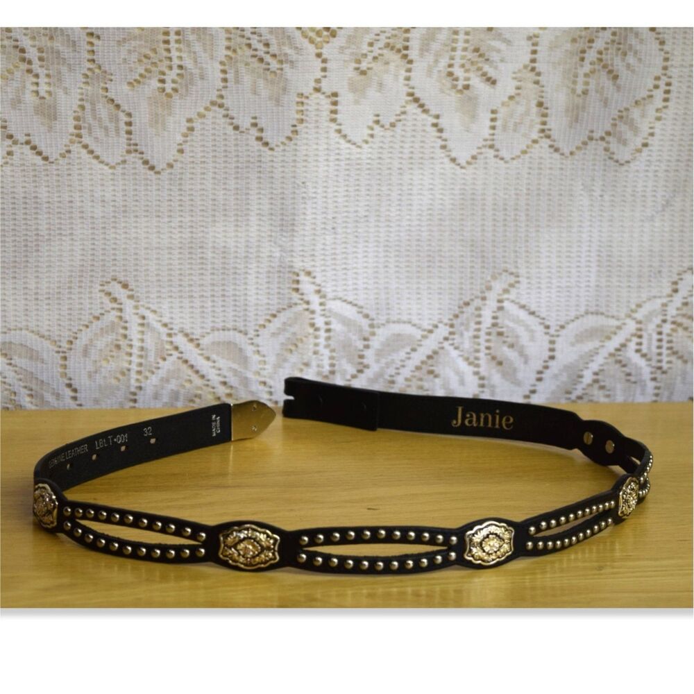Womens Western Belt Size 32 Black Leather Silver Studded Concho Flowers Snap Off